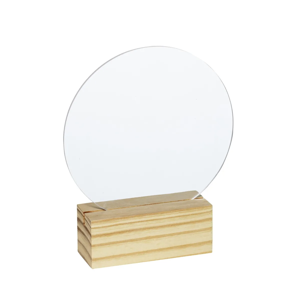 Transparent akrylplatta i träställ, rund Ø14 cm, 3 mm tjock
