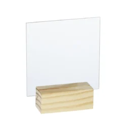 Transparent akrylplatta i träställ, kvadratisk 14×14 cm, 3 mm tjock
