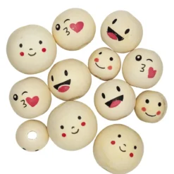 Träkulor med ansikten i form av smileys / emojis, Ø20–30 mm 12 st.