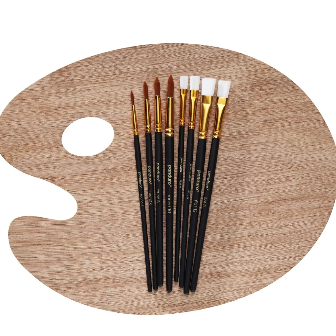 Träpalett & 8 penslar, syntetborst – flat #4, 6, 8, 12 och 4 rund #2, 6, 8, 10