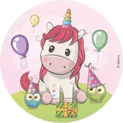 Tårtbild Ø20 cm – Unicorn / söt enhörning med kompisar!