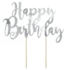 Tårtdekoration, cake topper, Happy Birthday i silverbokstäver 20×13 cm