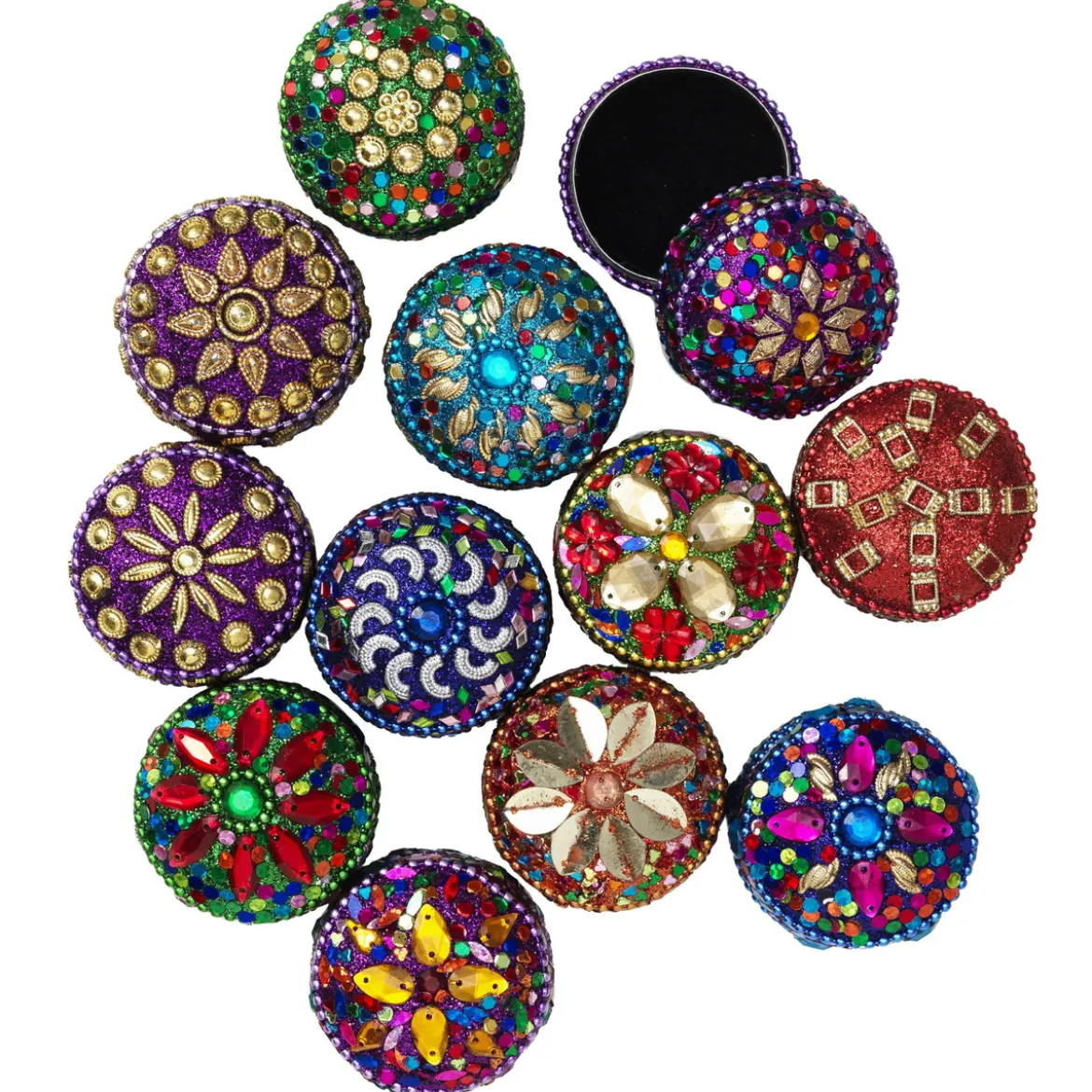 Vackert glittrande runda metallaskar Ø4,5 cm, pris per styck, säljs assorterat online