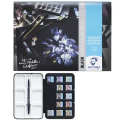 van Gogh akvarellfärger set – 12 halvkoppar – Noir + A4-block med 12 svarta ark