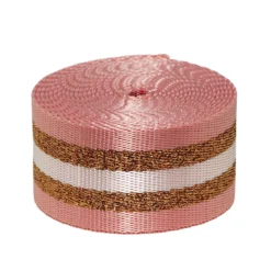 Väskrem, rosa med dubbla gnistrande guldränder, längd 250 cm, bredd 3,8 cm