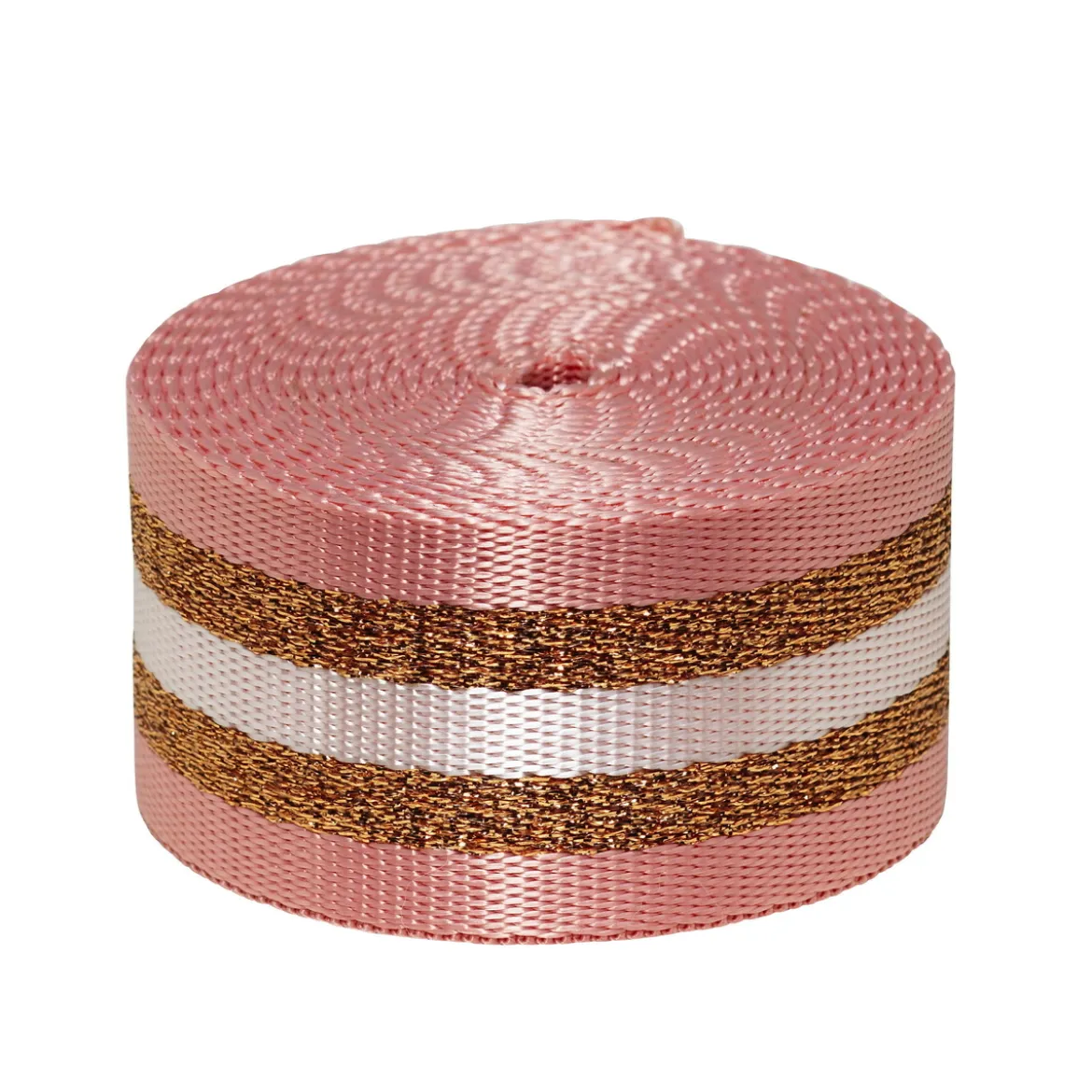 Väskrem, rosa med dubbla gnistrande guldränder, längd 250 cm, bredd 3,8 cm