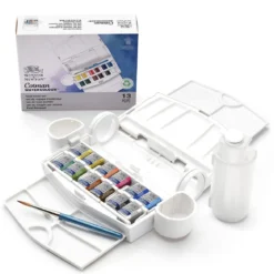 Winsor & Newton Cotman Field Travel Set, akvarellfärg i 12 halvkoppar, etui, flaska & pensel