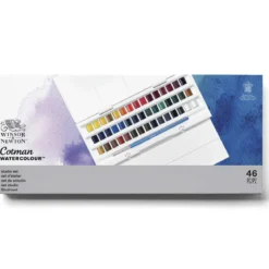 Winsor & Newton Cotman Studio set, akvarellfärg i 45 halvkoppar, etui & pensel